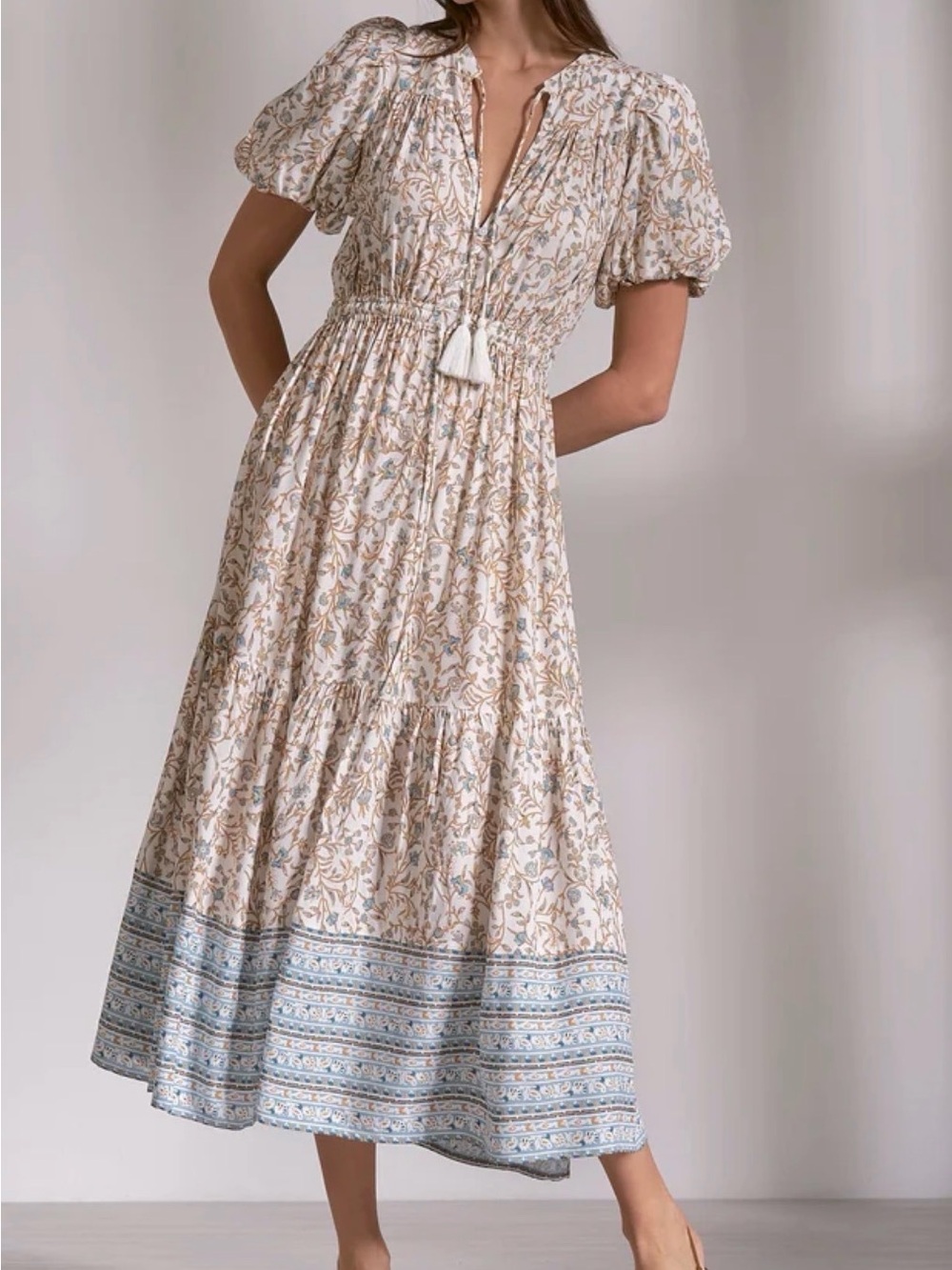 Elan Ivory Midi Dress with Tan Floral Print and Light Blue Hem